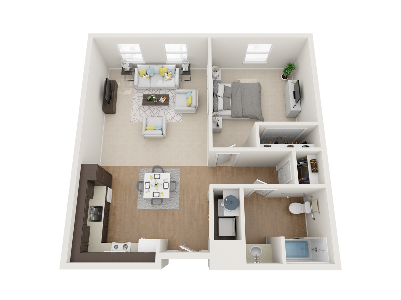 Floor plan for 1 bed, 1 bath, 762 sqft